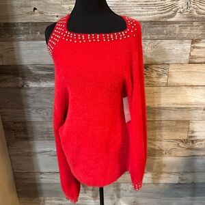 NWT Chic Off-the-Shoulder Red Sweater with Bling